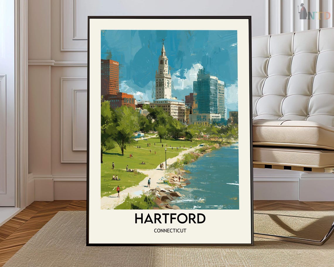 Hartford Connecticut Riverfront Park Skyline Vintage Travel Poster
