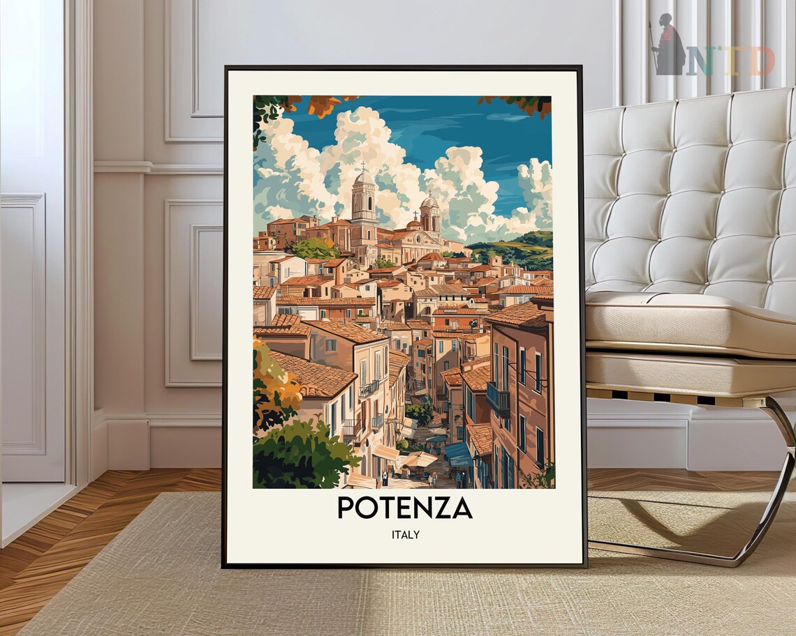 Potenza Italy Hilltop Town With Cathedral Vintage Travel Poster