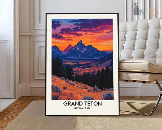 Grand Teton National Park Poster of Peaks Ablaze at Fiery Sunset