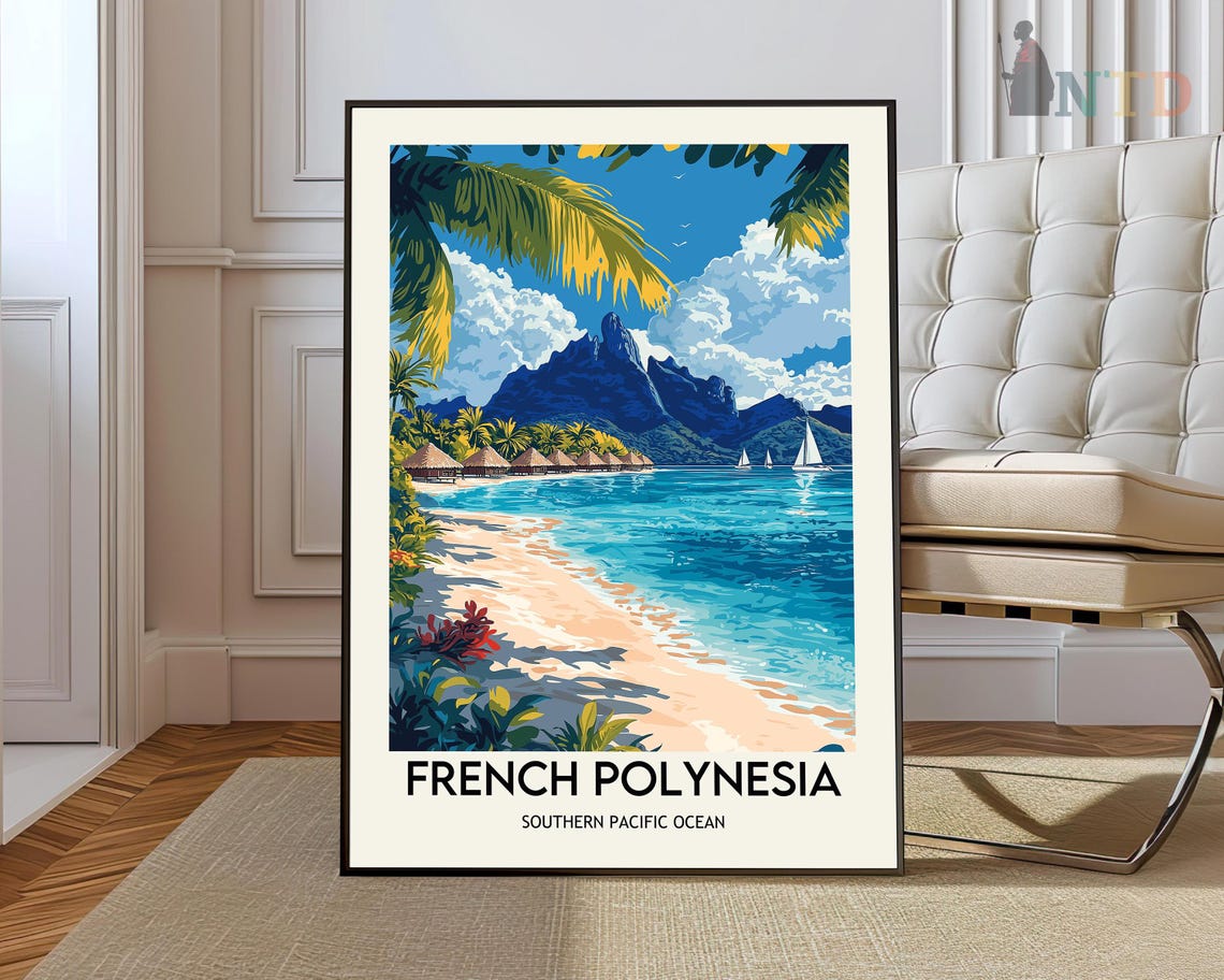 French Polynesia Beach Thatched Huts Tropical Island Travel Poster