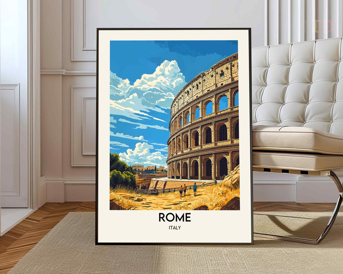 Rome Italy Colosseum Visitors Day Trip Blue Sky Ancient Ruins Poster