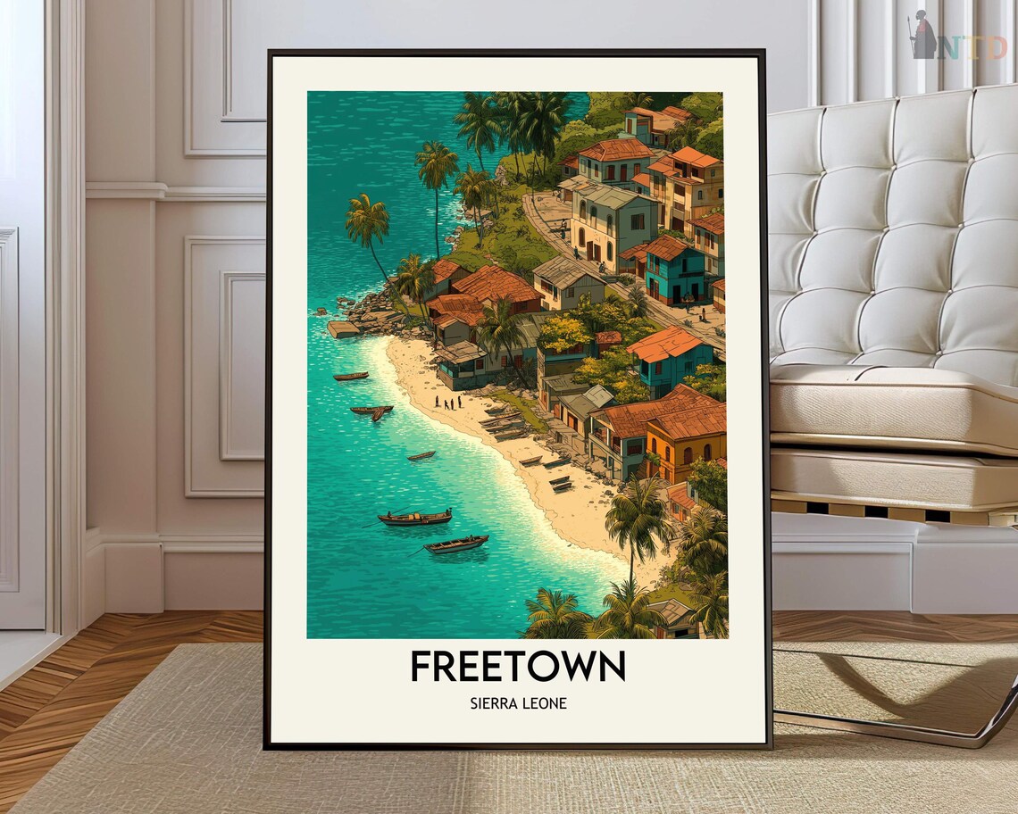 Freetown Sierra Leone Coastal Town Aerial View Vintage Travel Poster