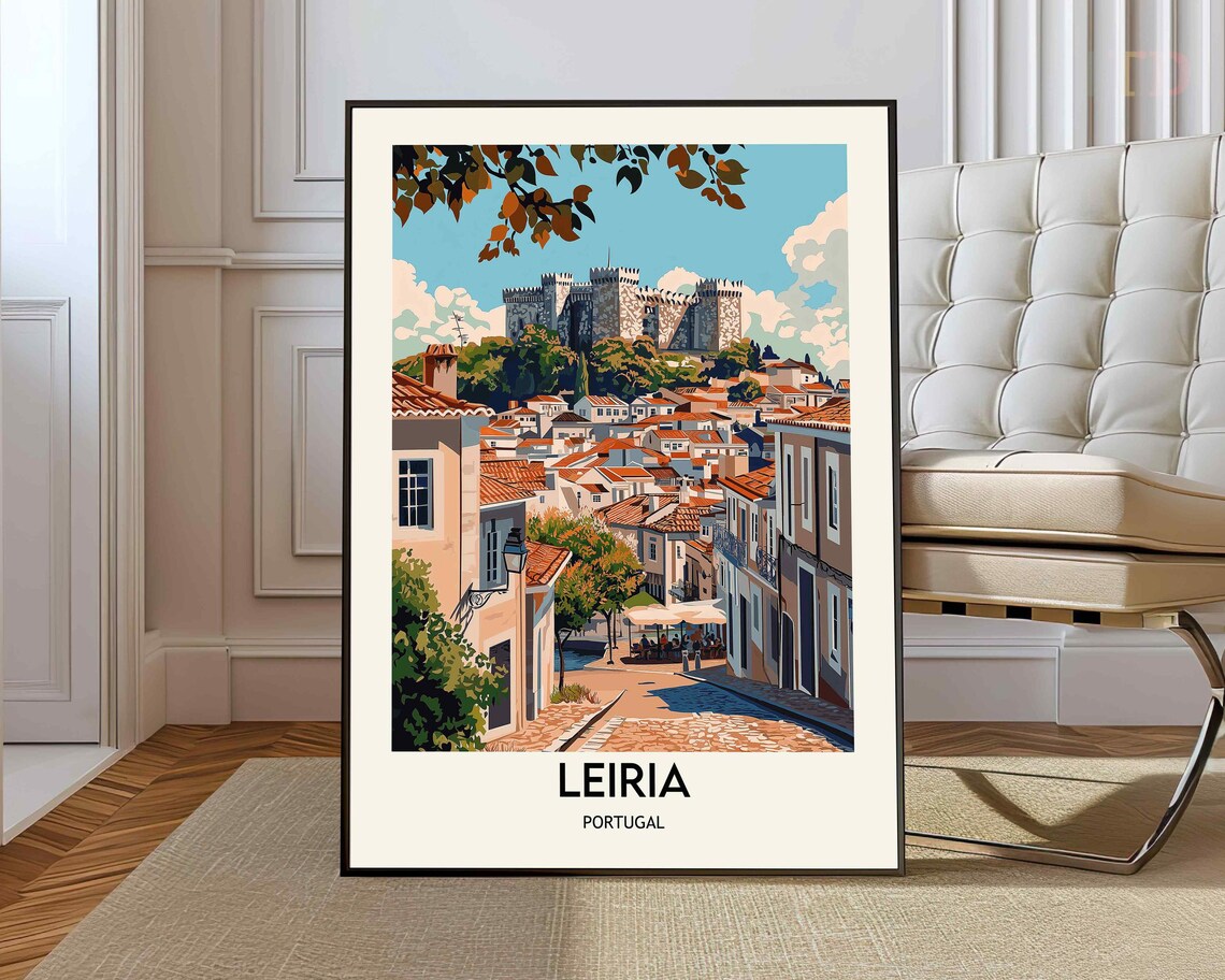 Leiria Portugal Hilltop Castle Cobblestone Street Travel Poster