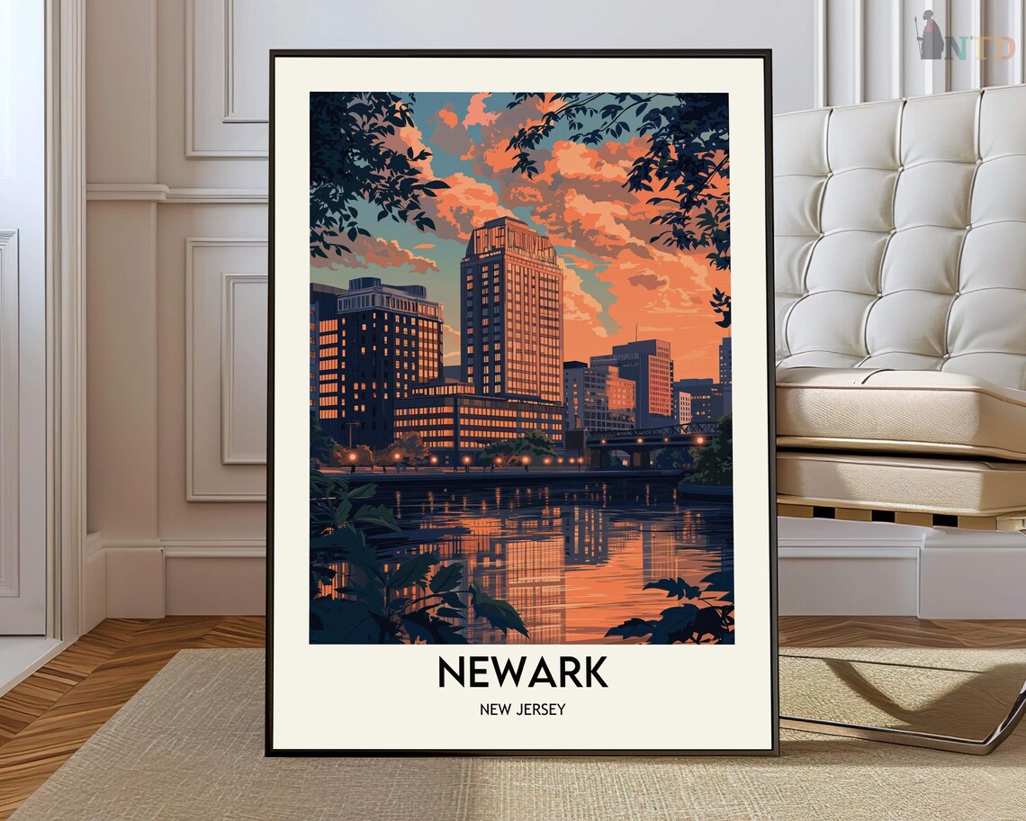 Newark New Jersey Sunset Skyline Illustrated Travel Art Poster