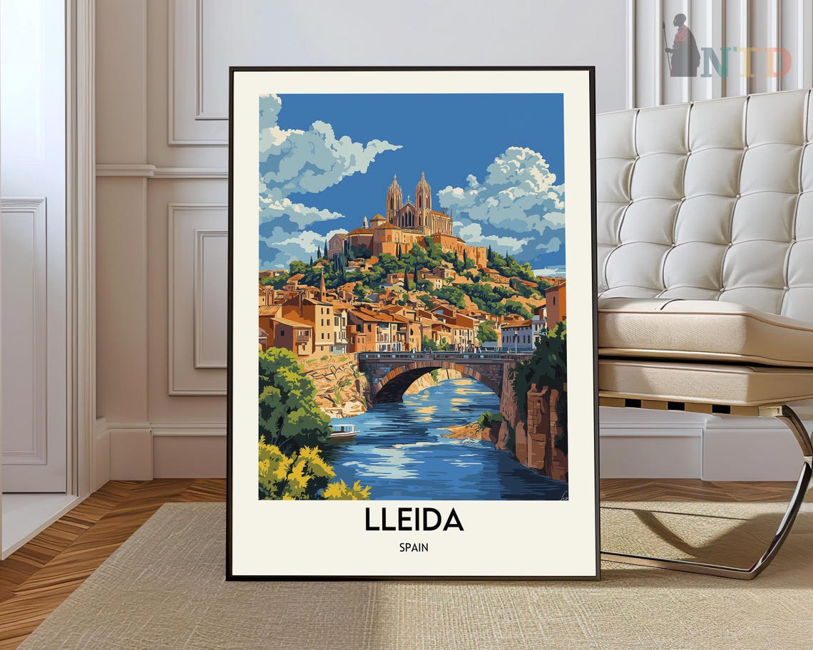 Lleida Spain Hilltop Cathedral River Bridge Vintage Travel Poster