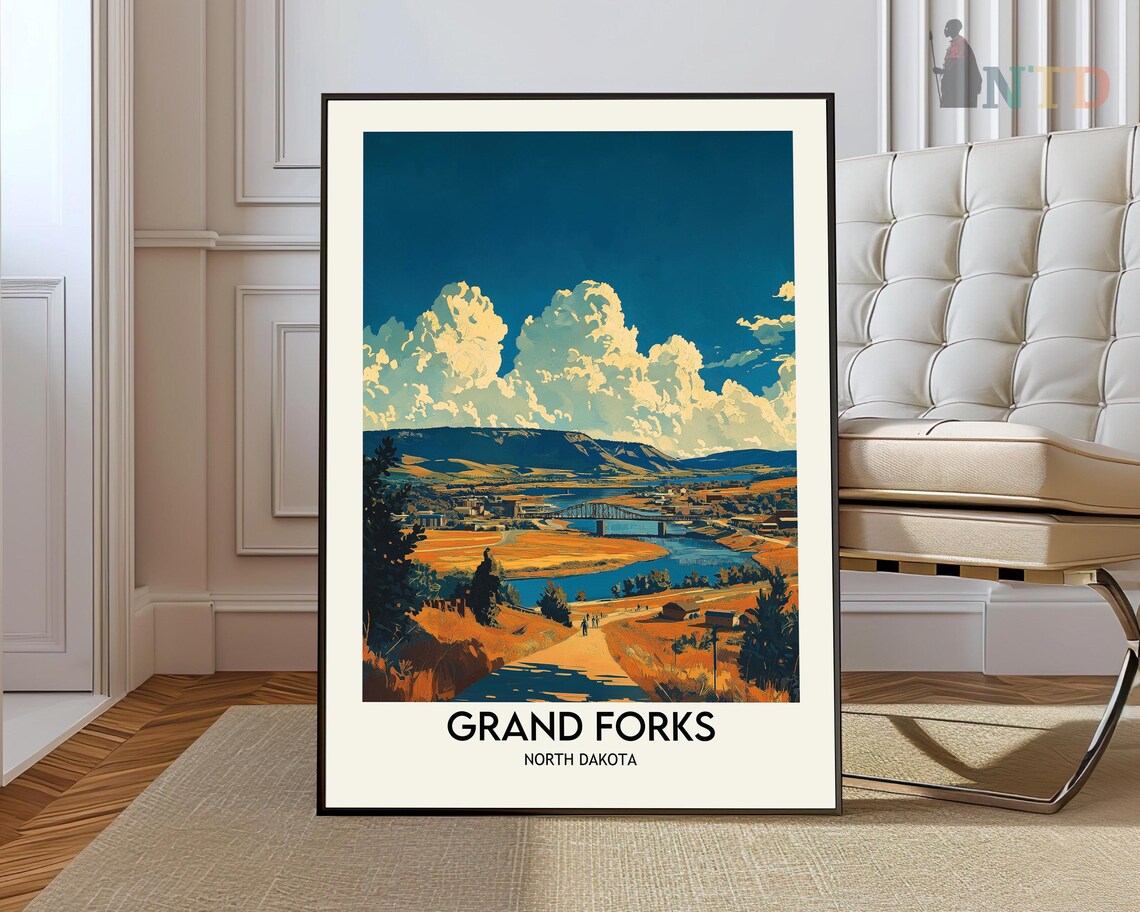 Grand Forks North Dakota Travel Poster River Valley Town Vintage Style