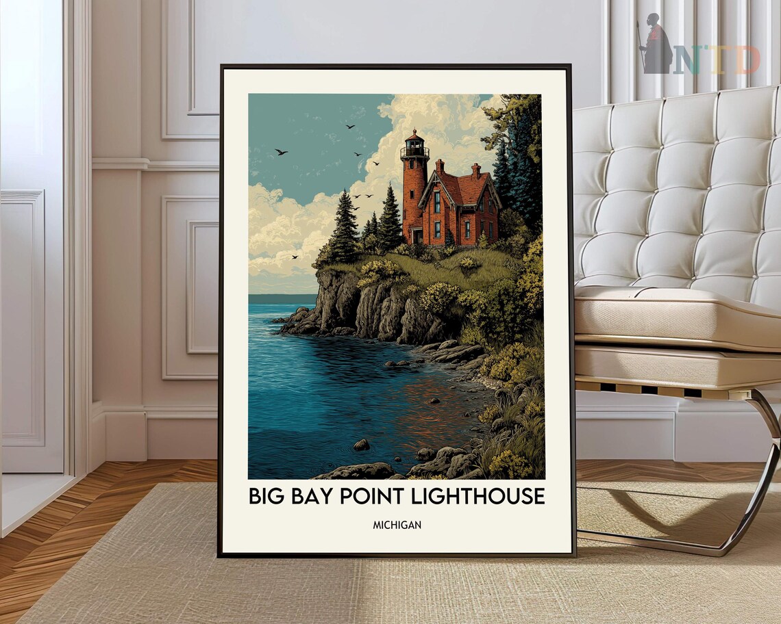 Big Bay Point Lighthouse Michigan Rocky Shore Vintage Travel Poster