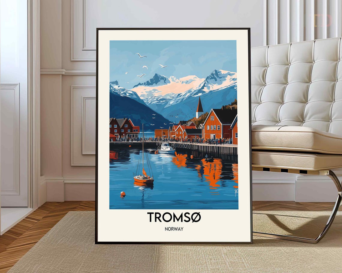 Tromso Norway Harbor Church Steeple Orange Reflection Art Poster