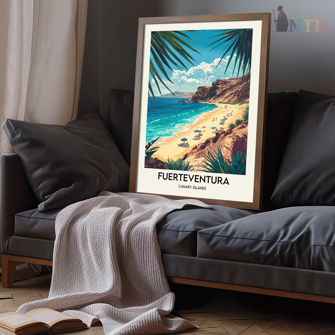 Fuerteventura Sandy Beach with Palm Fronds and Turquoise Water Poster - Image 3