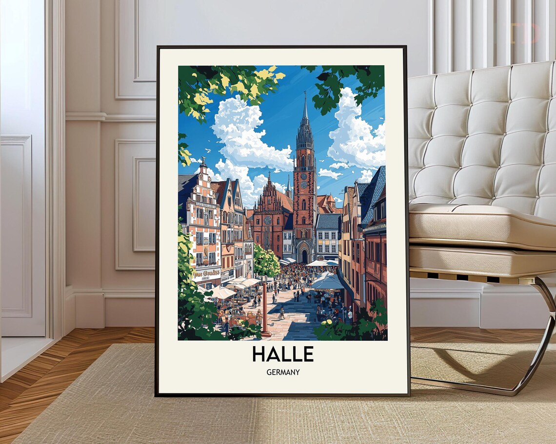 Halle Germany Market Square Travel Poster with Red Church Tower