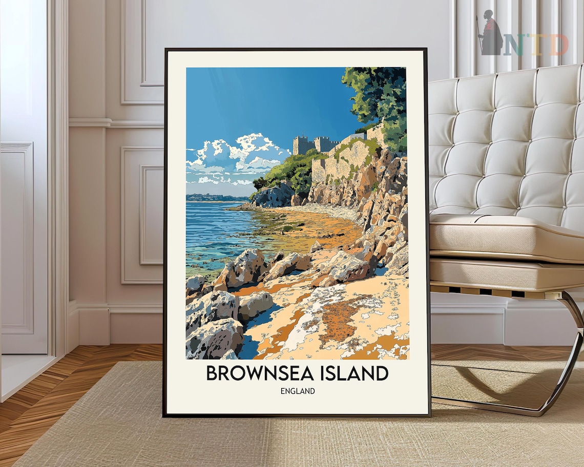 Brownsea Island Cliffside Castle Seashore Vintage Travel Poster