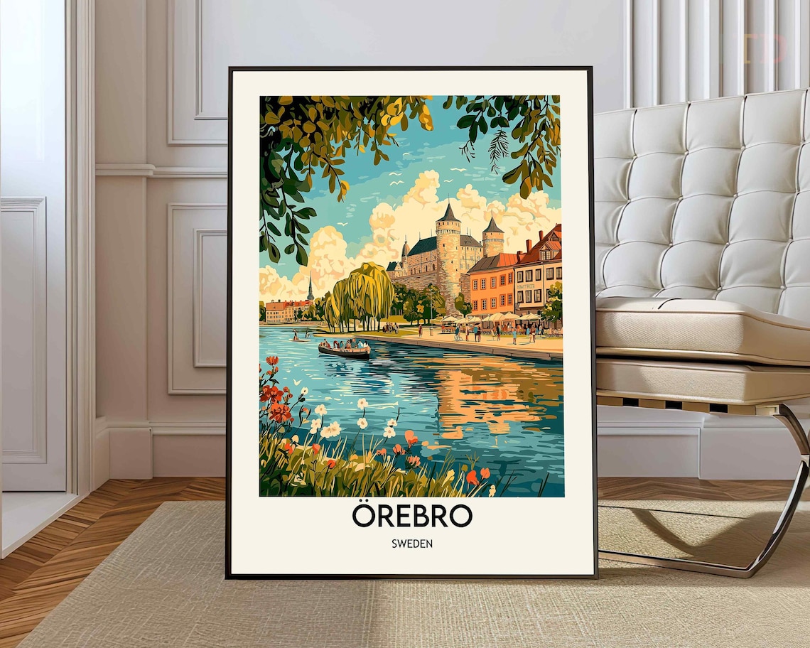 Orebro Sweden Riverside Castle Summer Vintage Travel Style Poster