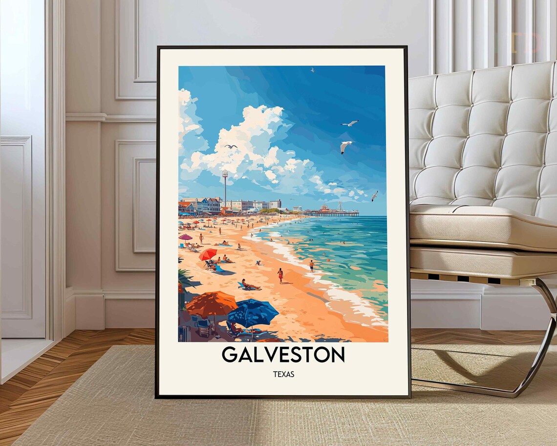 Galveston Texas Sunbathers And Seagulls Near The Historic Pier Poster