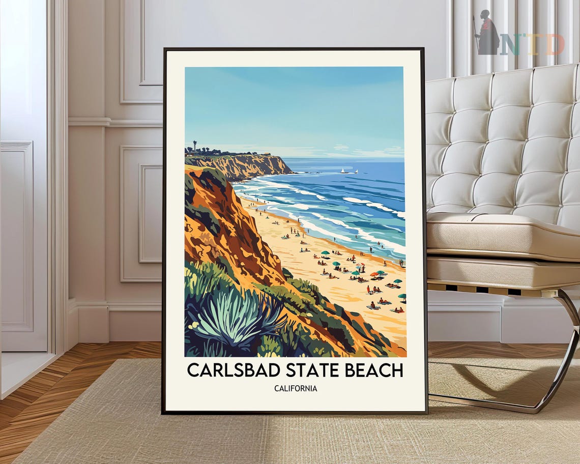 Carlsbad State Beach Cliffs Long Shoreline Vintage Travel Poster
