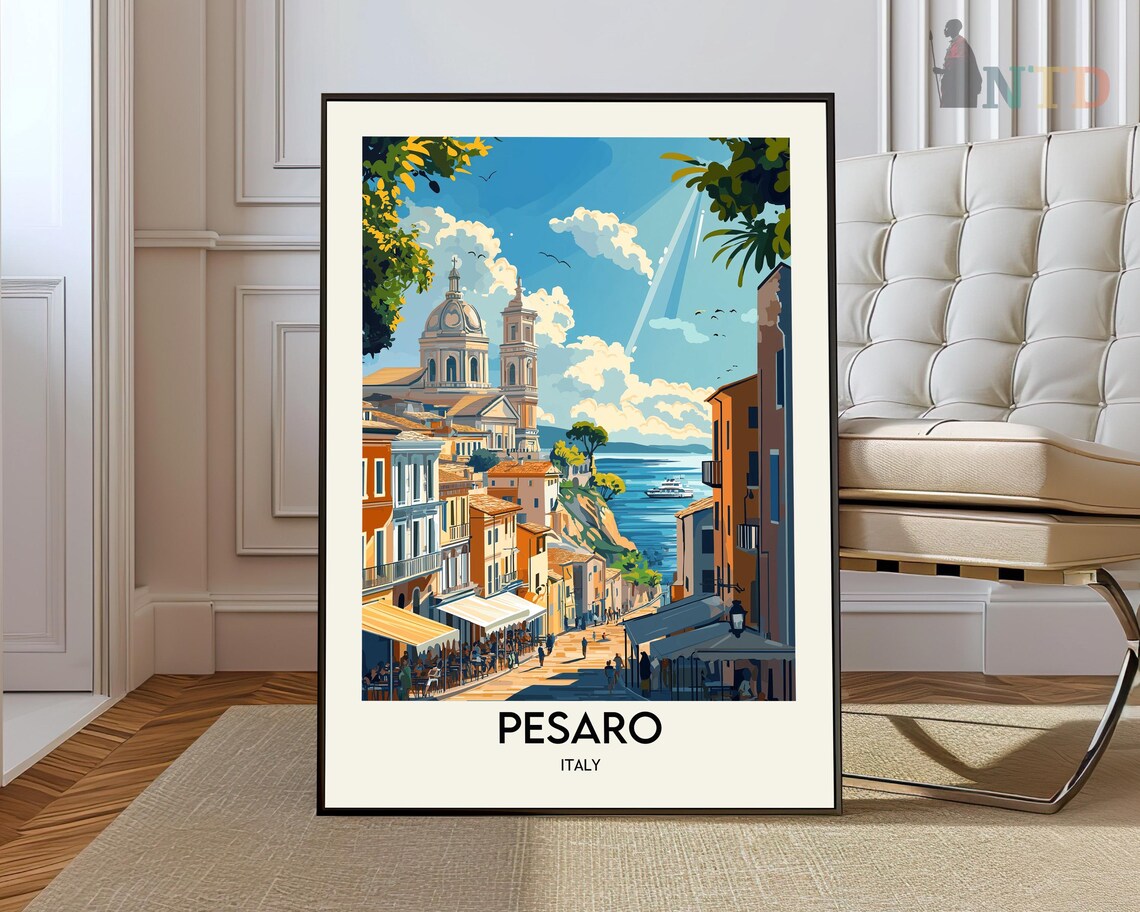 Pesaro Italy Coastal Old Town Seaside Church Vintage Travel Poster