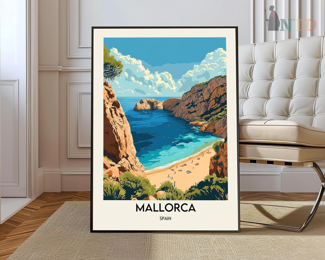 Mallorca Spain Rocky Cove Beach Hidden Bay Travel Poster Art