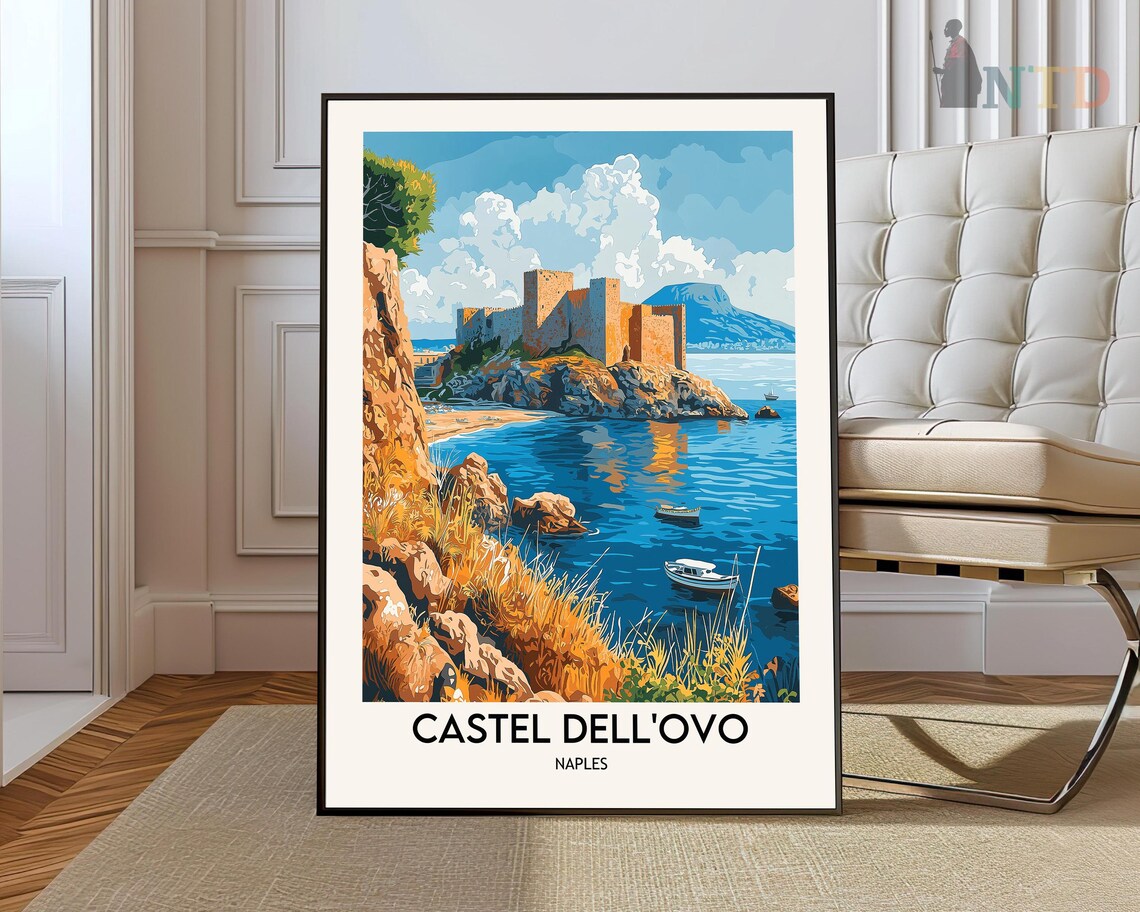 Castel Dell'Ovo Naples Bay Seaside Fortress Vintage Travel Poster