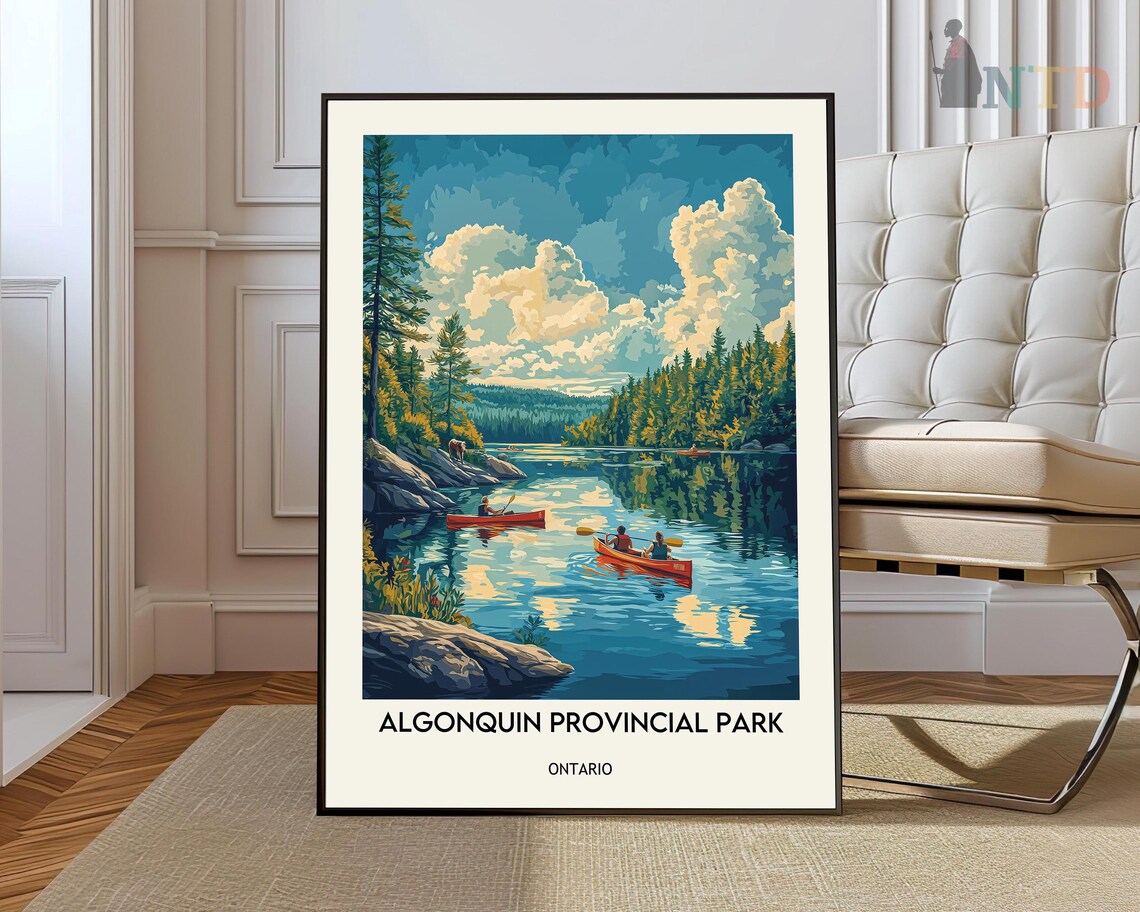 Red Canoes on a Mirror Lake Algonquin Provincial Park Travel Poster