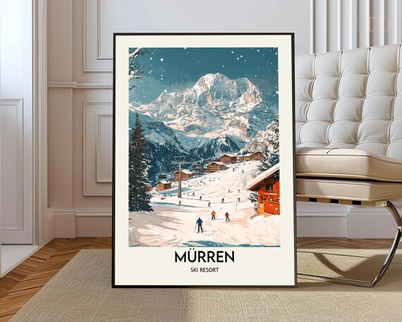 Murren Ski Resort Switzerland Snowy Village Slopes Travel Poster