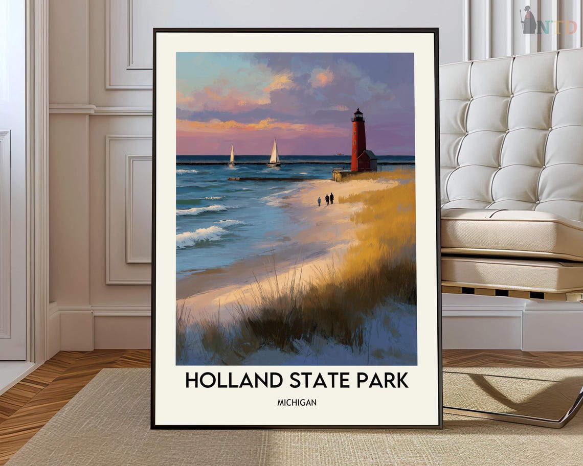 Holland State Park Michigan Lighthouse Beach Sunset Sail Poster