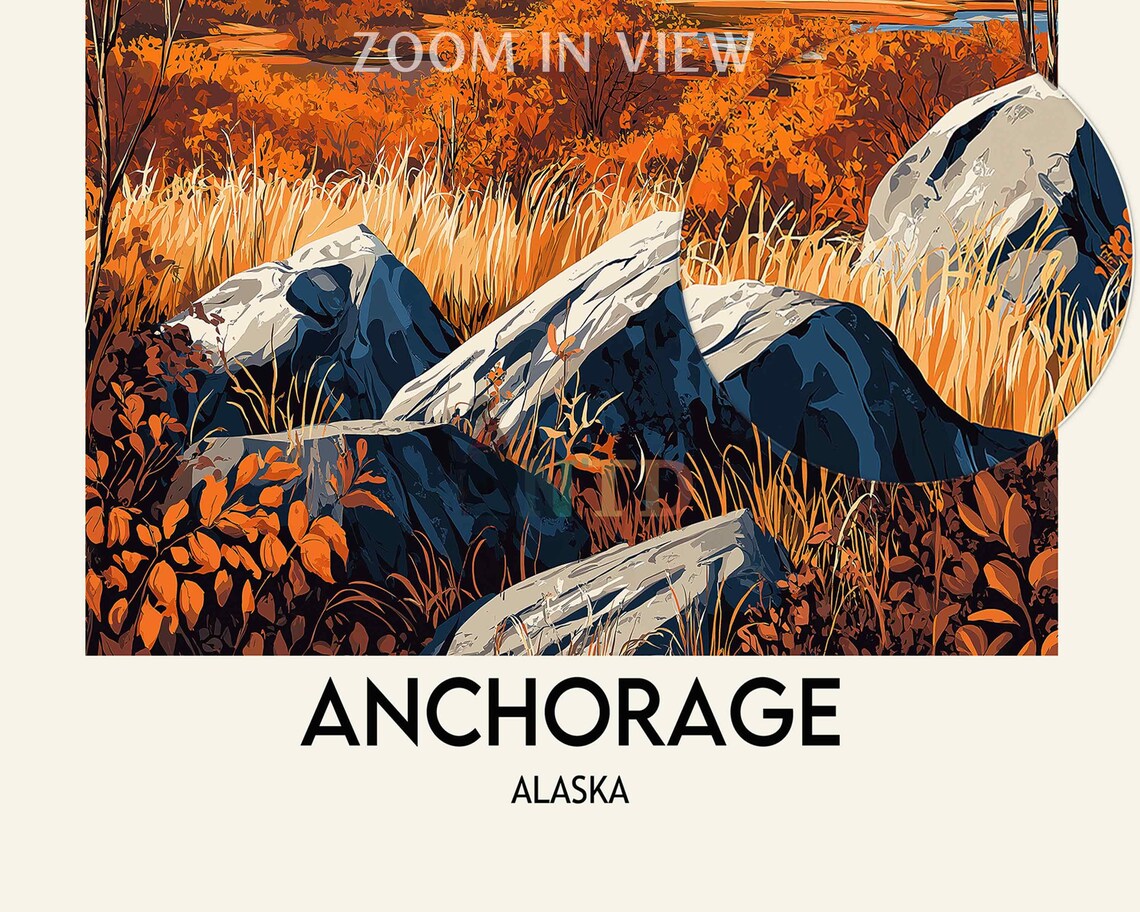 Anchorage Alaska Autumn Tundra Rocks Snowy Peaks City View Poster - Image 2