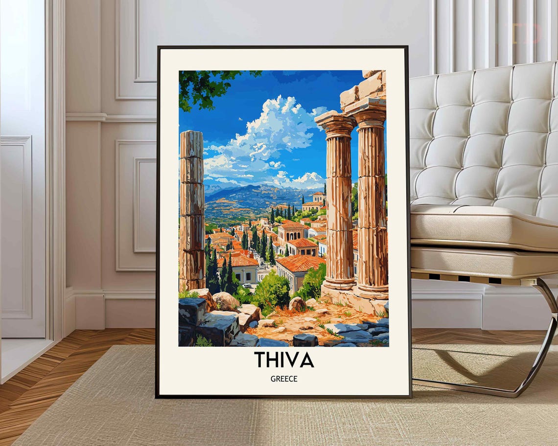 Thiva Greece Ancient Columns Ruins Overlooking Town Travel Poster