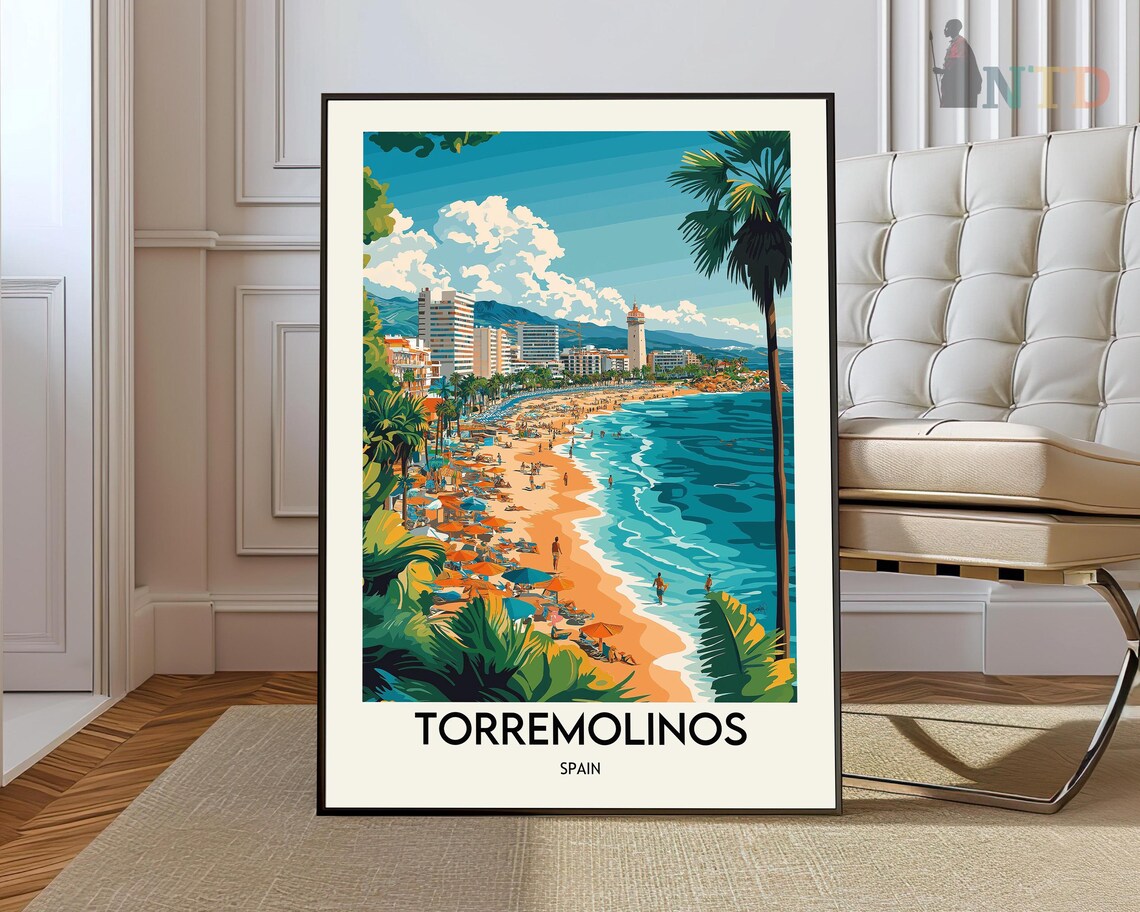 Torremolinos Spain Vintage Beach Palm Illustration Travel Poster