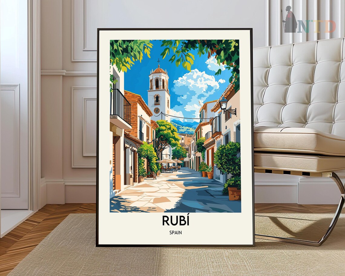 Rubi Spain Vintage Travel Poster Bell Tower Sunny Old Town Art