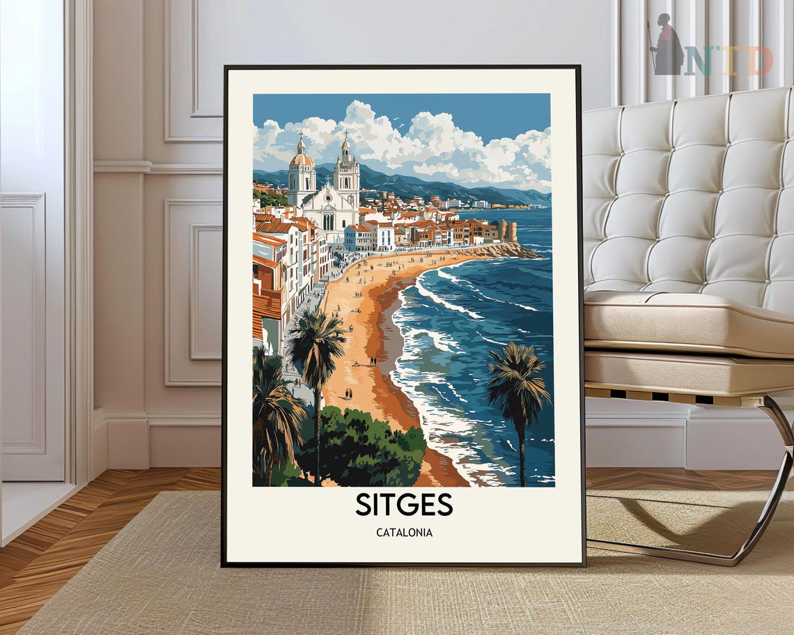 Sitges Catalonia Beach Church Seafront Promenade Spain Travel Poster