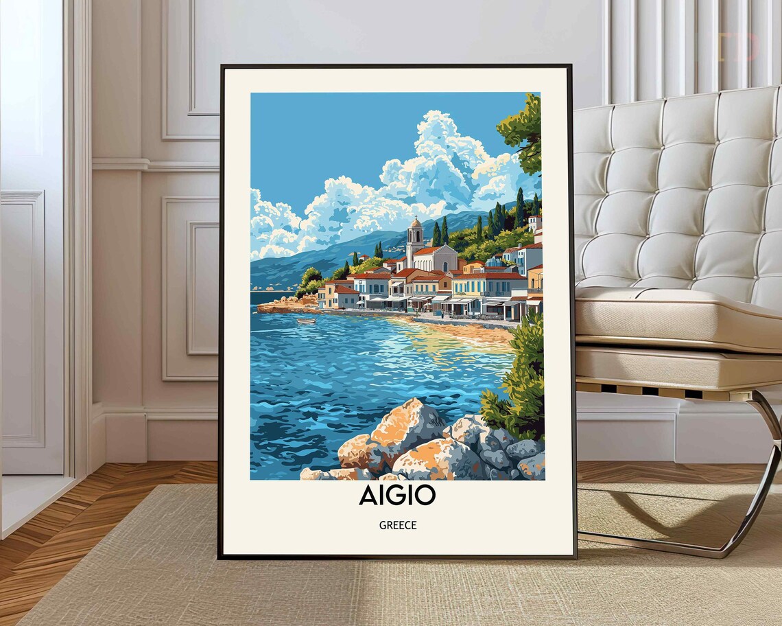 Aigio Greece Colorful Coastal Town Seaside Travel Poster Art