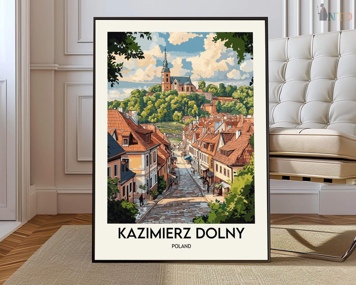 Kazimierz Dolny Poland Cobblestone Street Hilltop Church Travel Poster