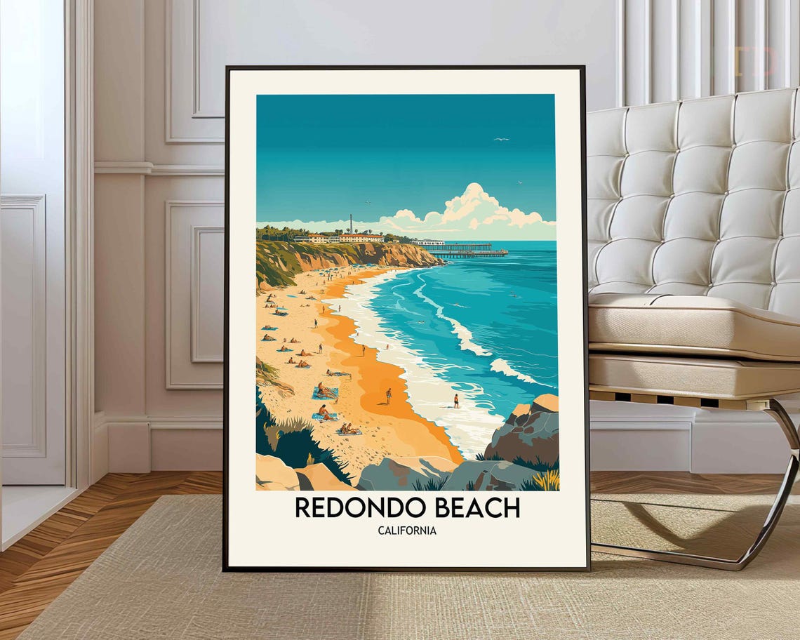 Redondo Beach California Crowded Beach And Pier Under Cliffs Poster
