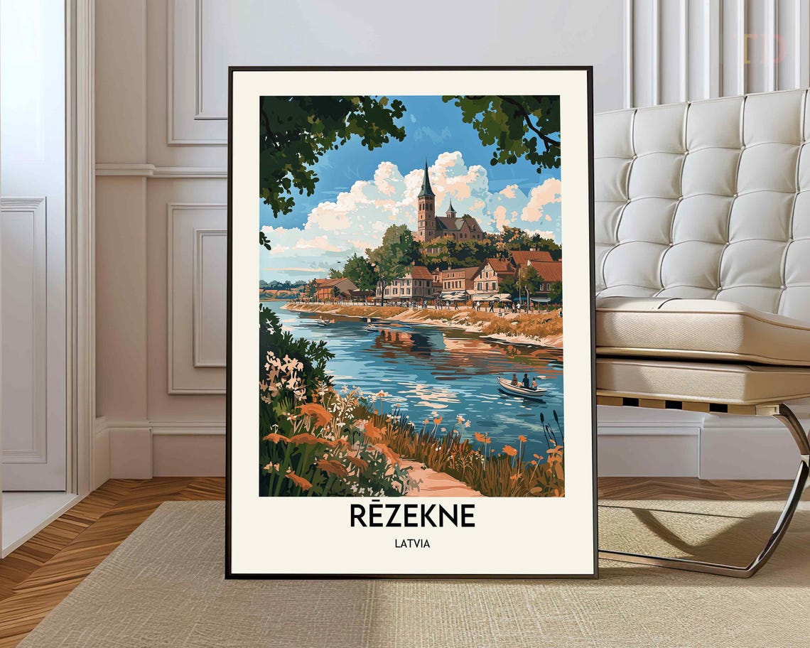 Rezekne Latvia Riverside Church Tower Boat Vintage Travel Poster