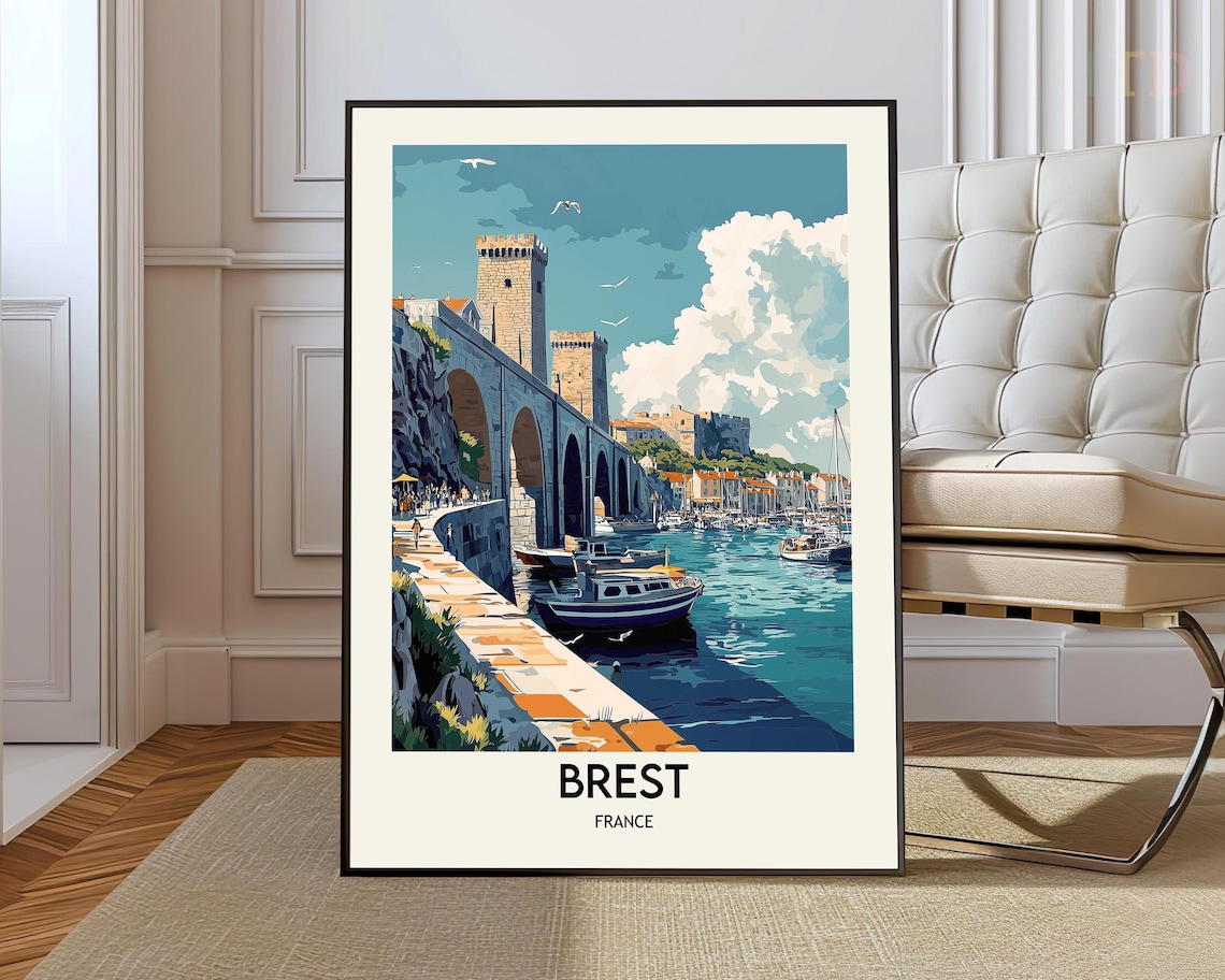 Brest France Harbor Bridge Towers and Fishing Boats Poster Brittany