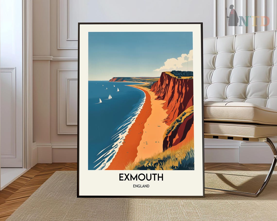 Exmouth Red Cliffs Above a Curving Golden Beach and Blue Sea Poster