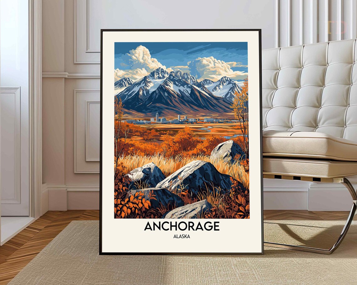 Anchorage Alaska Autumn Tundra Rocks Snowy Peaks City View Poster