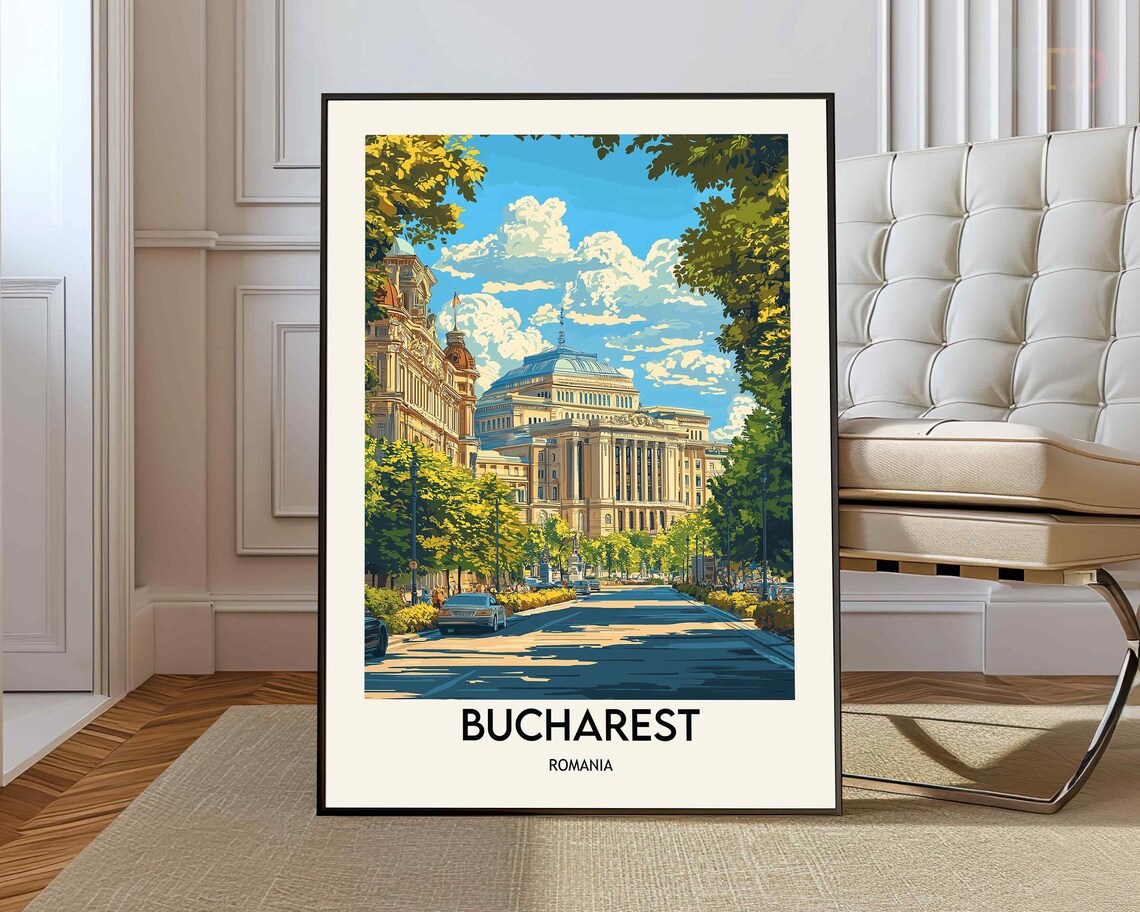 Bucharest Romania Grand Domed Building Boulevard Travel Poster