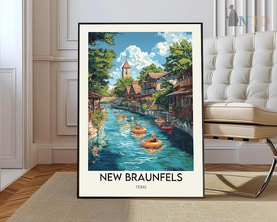 New Braunfels Texas River Tubing Scene Retro Vintage Travel Poster