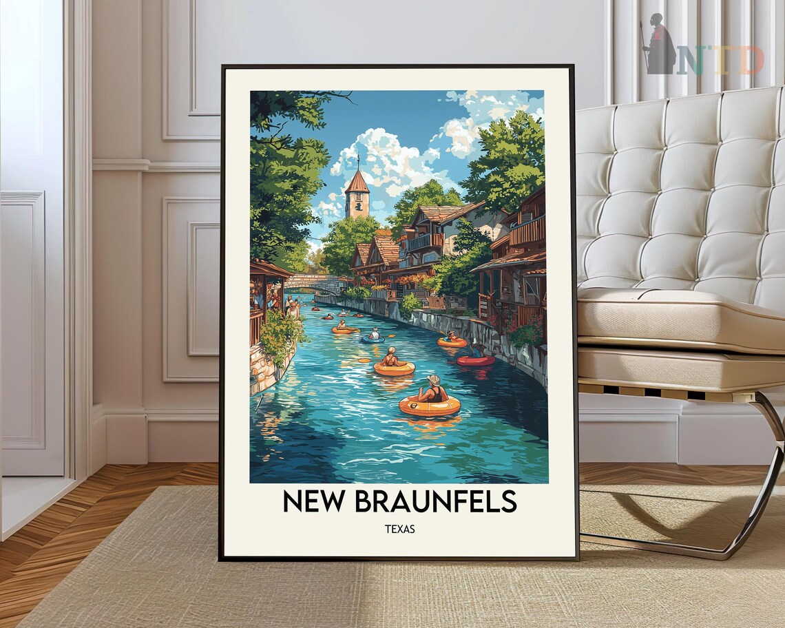 New Braunfels Texas River Tubing Scene Retro Vintage Travel Poster