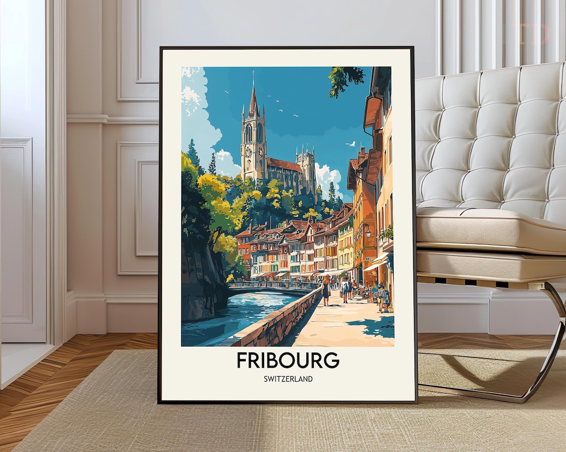 Fribourg Switzerland Travel Poster With Cathedral Above Riverside Town