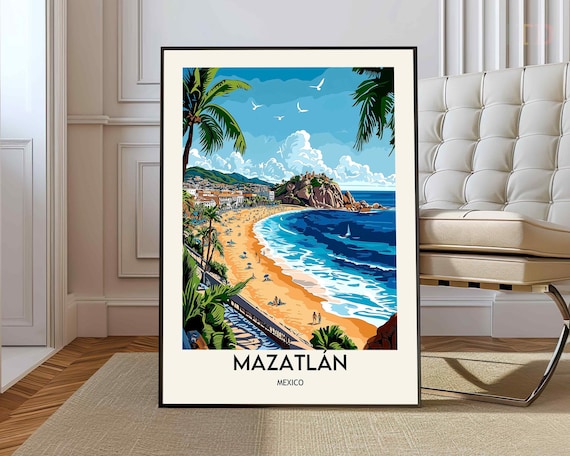 Mazatlan Mexico Golden Beach Coast Vintage Travel Art Poster