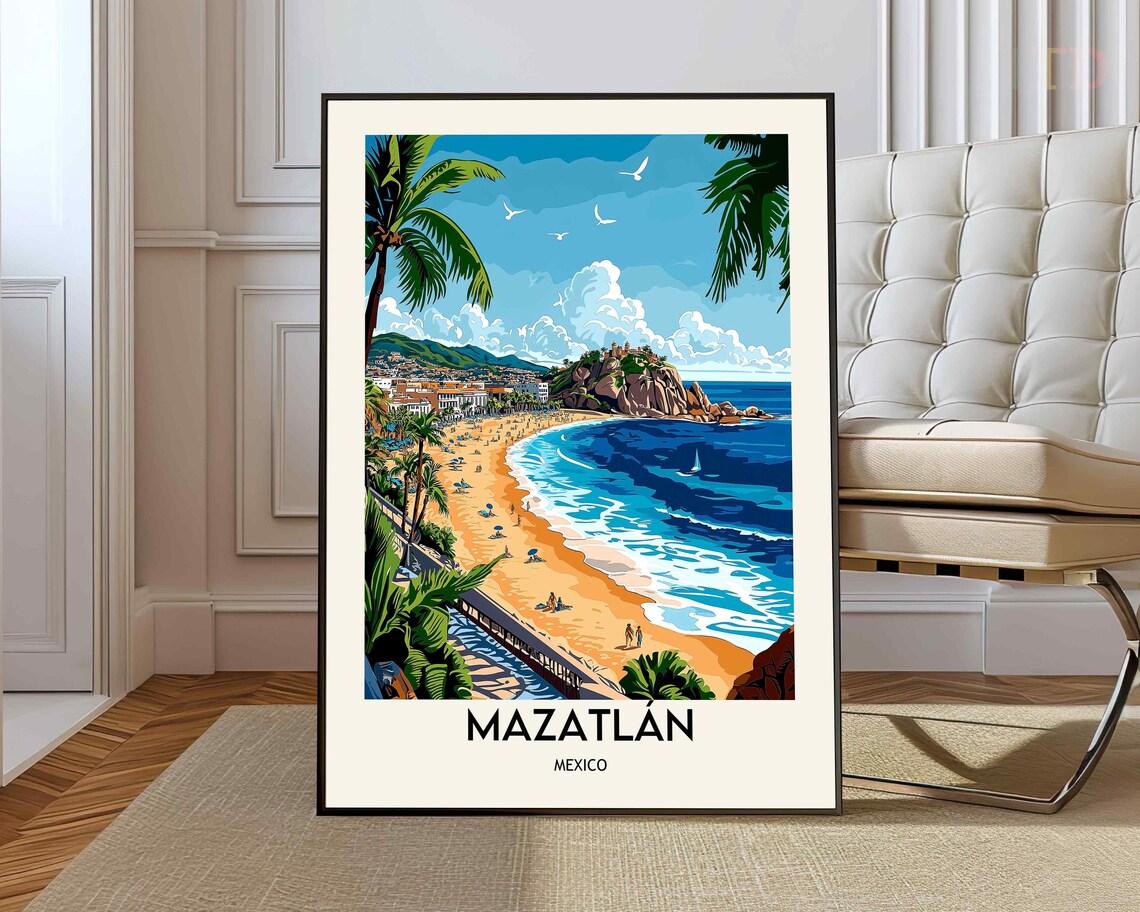 Mazatlan Mexico Golden Beach Coast Vintage Travel Art Poster