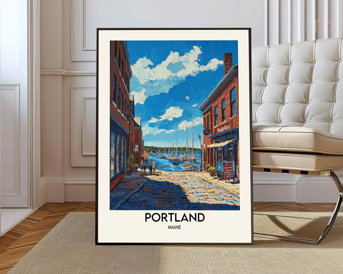 Portland Maine Old Port Harbor Cobblestone Street Travel Poster