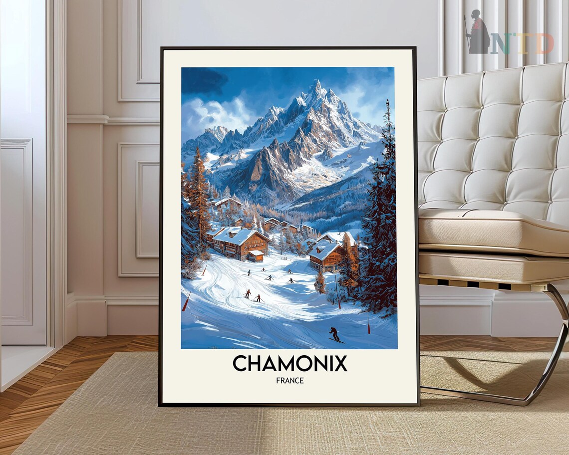 Chamonix France Twilight Ski Slopes Snow Peak Mountain Panorama Poster