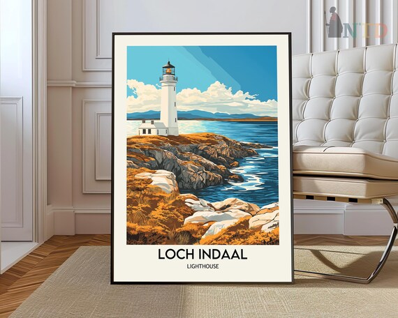 Loch Indaal Lighthouse Rocky Coast Scotland Seascape Travel Poster