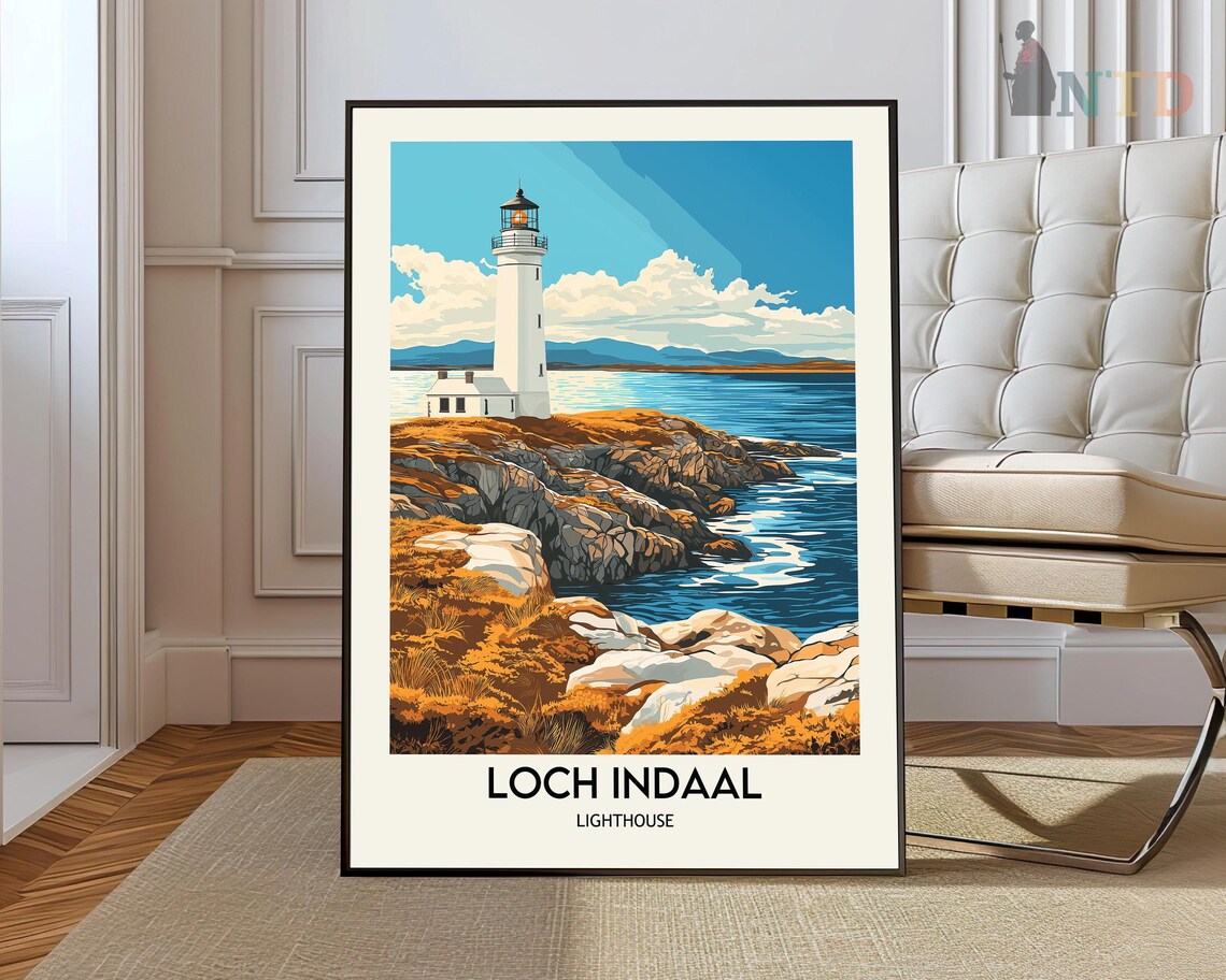 Loch Indaal Lighthouse Rocky Coast Scotland Seascape Travel Poster