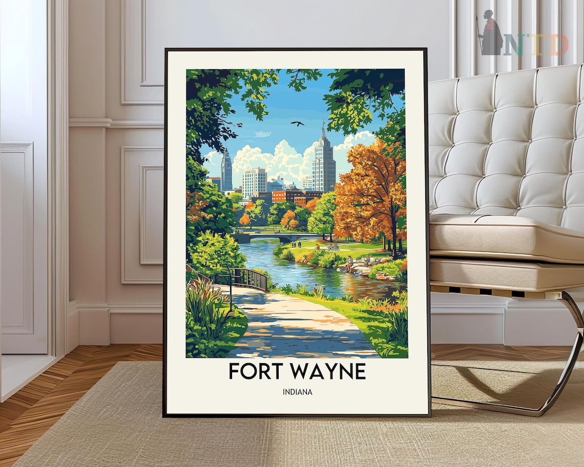 Fort Wayne Indiana Autumn Park River Vintage Style Travel Poster