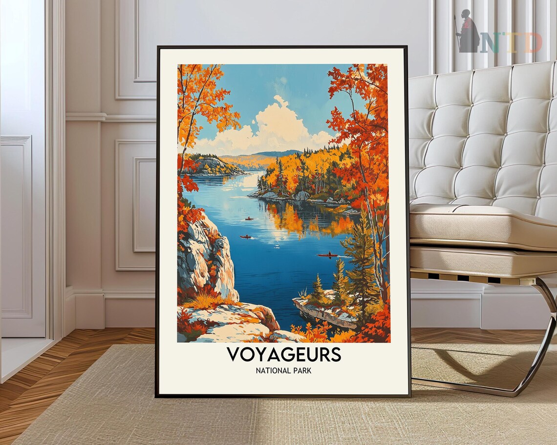 Voyageurs National Park Autumn Lake Canoes Vintage Travel Poster