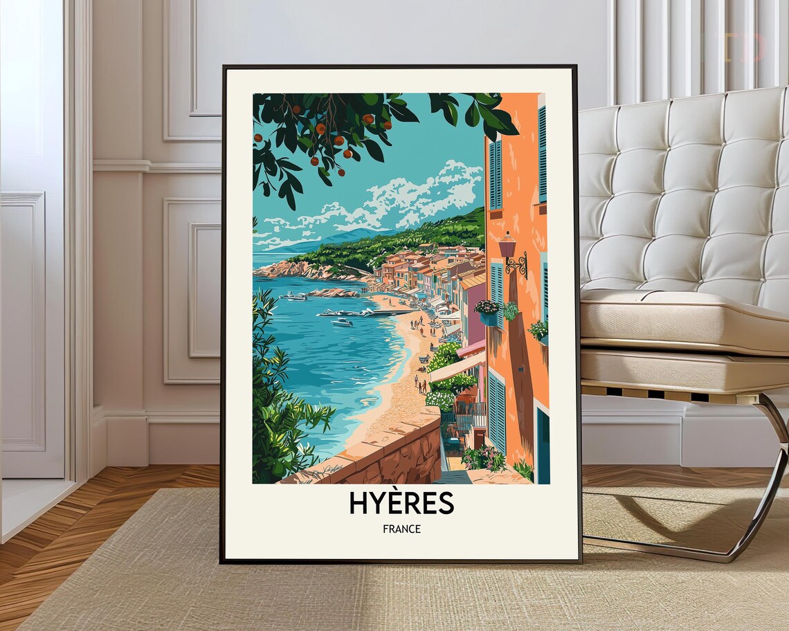 Hyères France Coastal Town Seaside Street Retro Travel Poster