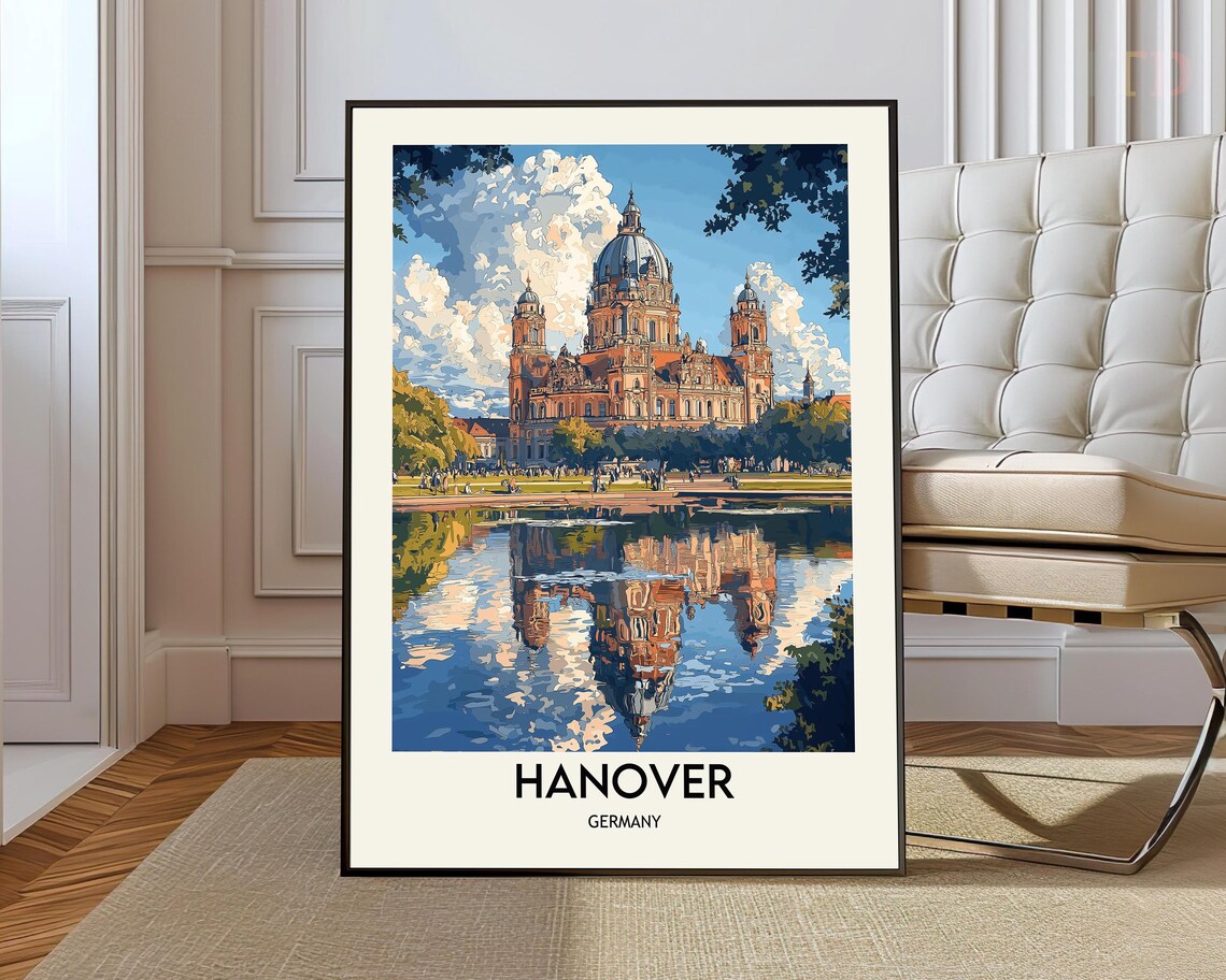 Hanover Germany Travel Poster City Hall and Maschsee Lake Waterfront